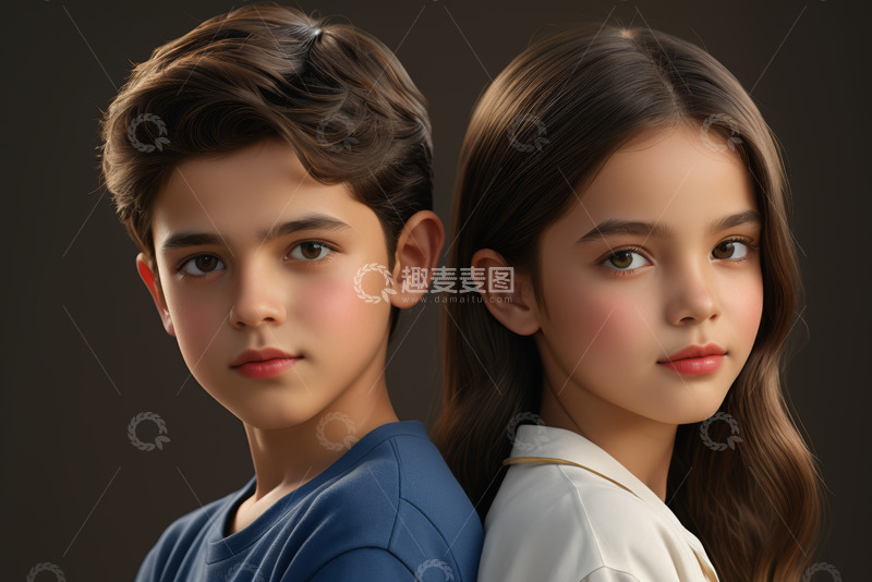 高清大图下载【趣麦麦图】背对背站立的男孩女孩