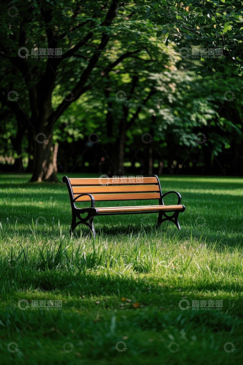高清大图下载【趣麦麦图】公园草地中的休闲长椅