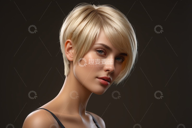 高清大图下载【趣麦麦图】金发女子短发肖像特写