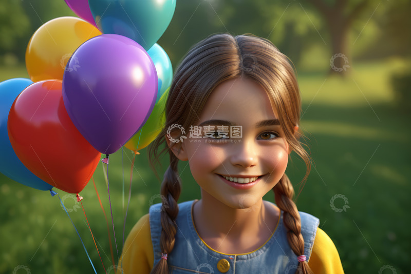 高清大图下载【趣麦麦图】手持彩色气球的小女孩