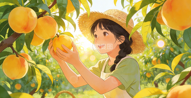 高清大图下载【趣麦麦图】田园风少女摘桃插画