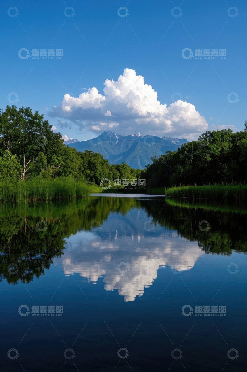 高清大图下载【趣麦麦图】山林间平静湖水与蓝天白云倒影