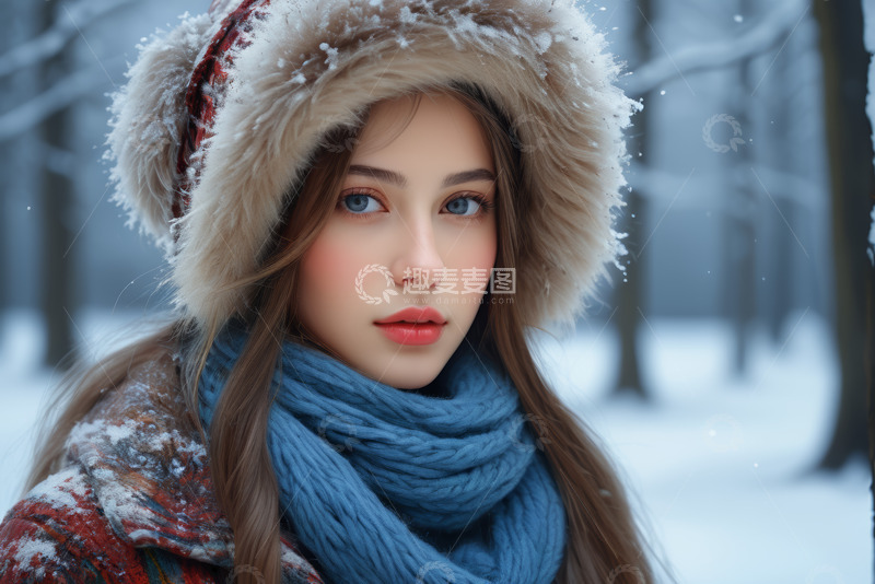高清大图下载【趣麦麦图】雪天户外戴帽围巾的女子