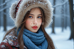 雪天户外戴帽围巾的女子