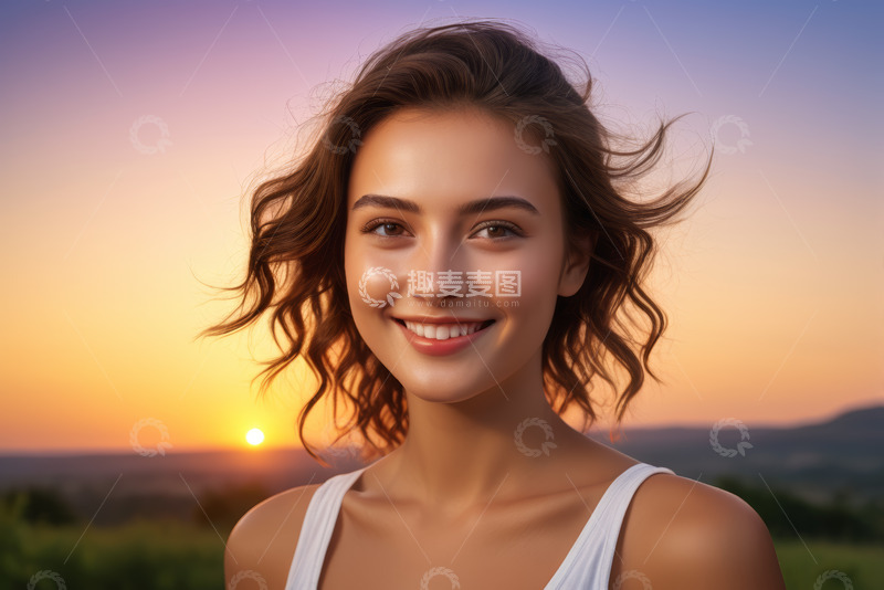 高清大图下载【趣麦麦图】夕阳下微笑的年轻女子肖像
