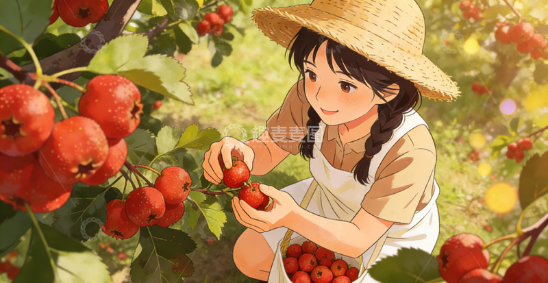 高清大图下载【趣麦麦图】田园风女孩采摘山楂插画