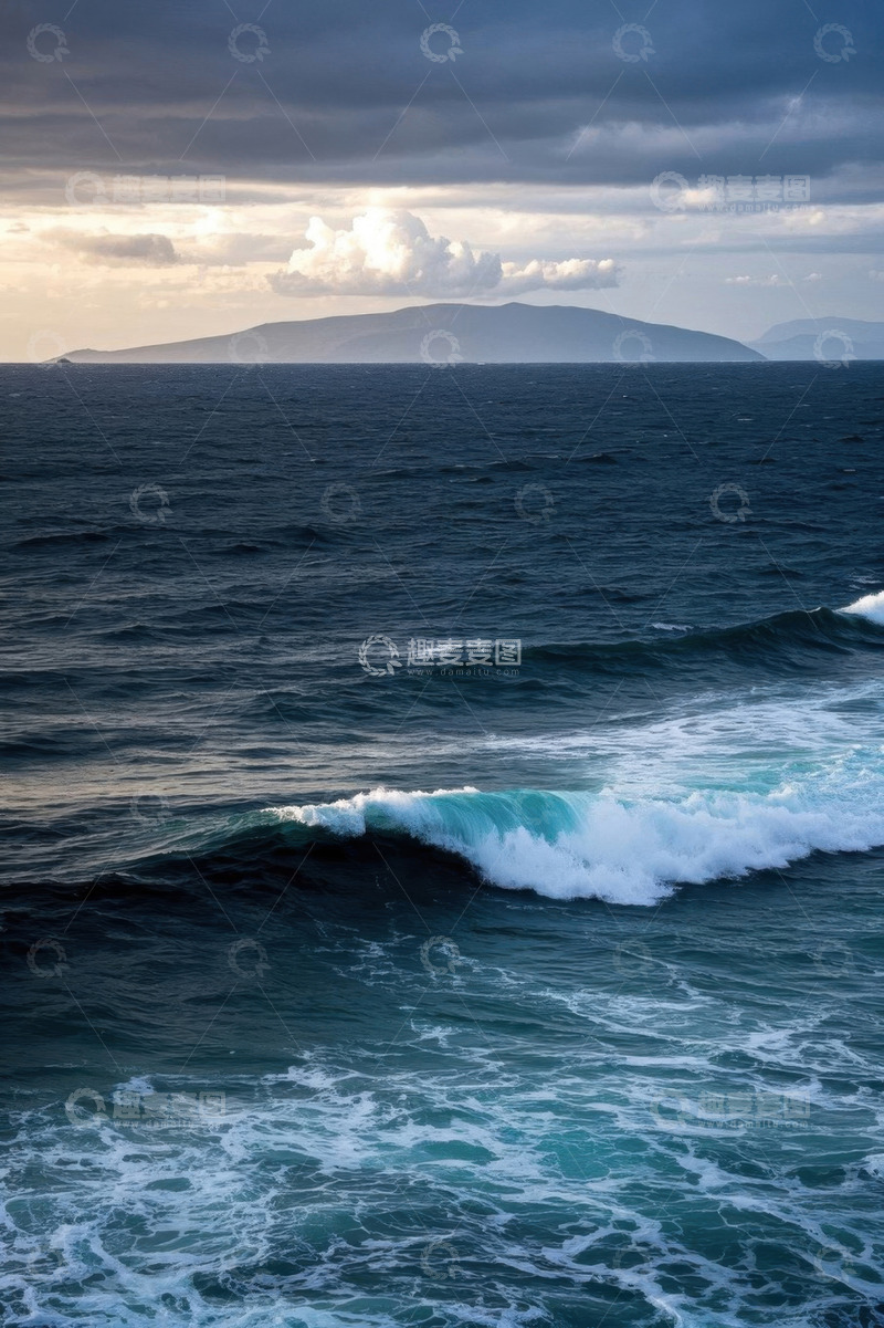 高清大图下载【趣麦麦图】海面波浪与远处山峦景观