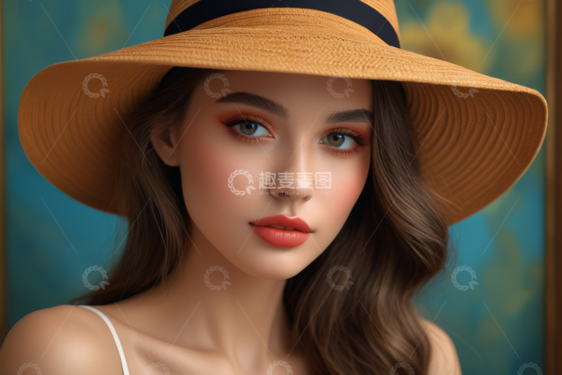 高清大图下载【趣麦麦图】戴草帽的年轻女性肖像