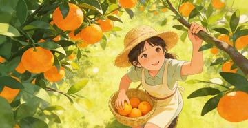 田园风橘子采摘卡通插画素材