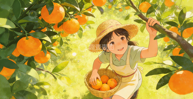 高清大图下载【趣麦麦图】田园风橘子采摘卡通插画素材