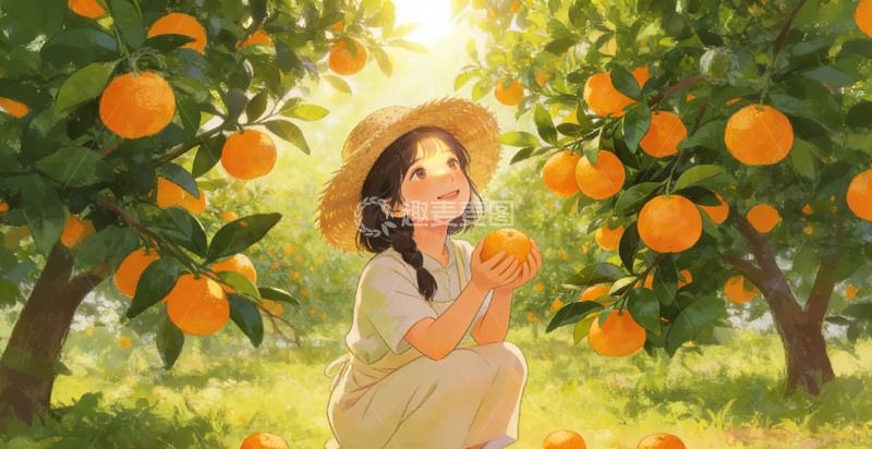 高清大图下载【趣麦麦图】田园风橘子园少女插画