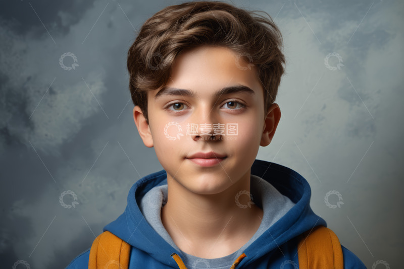 高清大图下载【趣麦麦图】穿蓝色连帽衫男孩的肖像