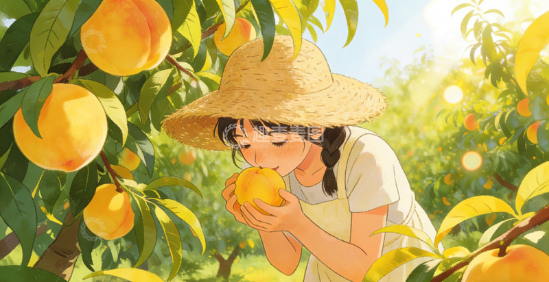 高清大图下载【趣麦麦图】田园风少女摘桃插画设计素材