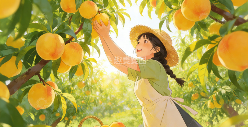高清大图下载【趣麦麦图】夏日果园采摘插画