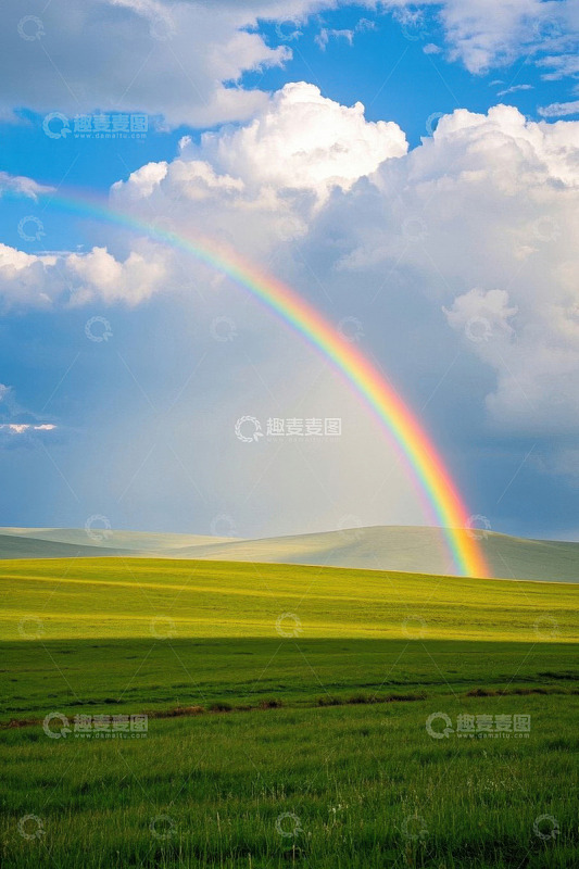 草原上空的彩虹与白云景观