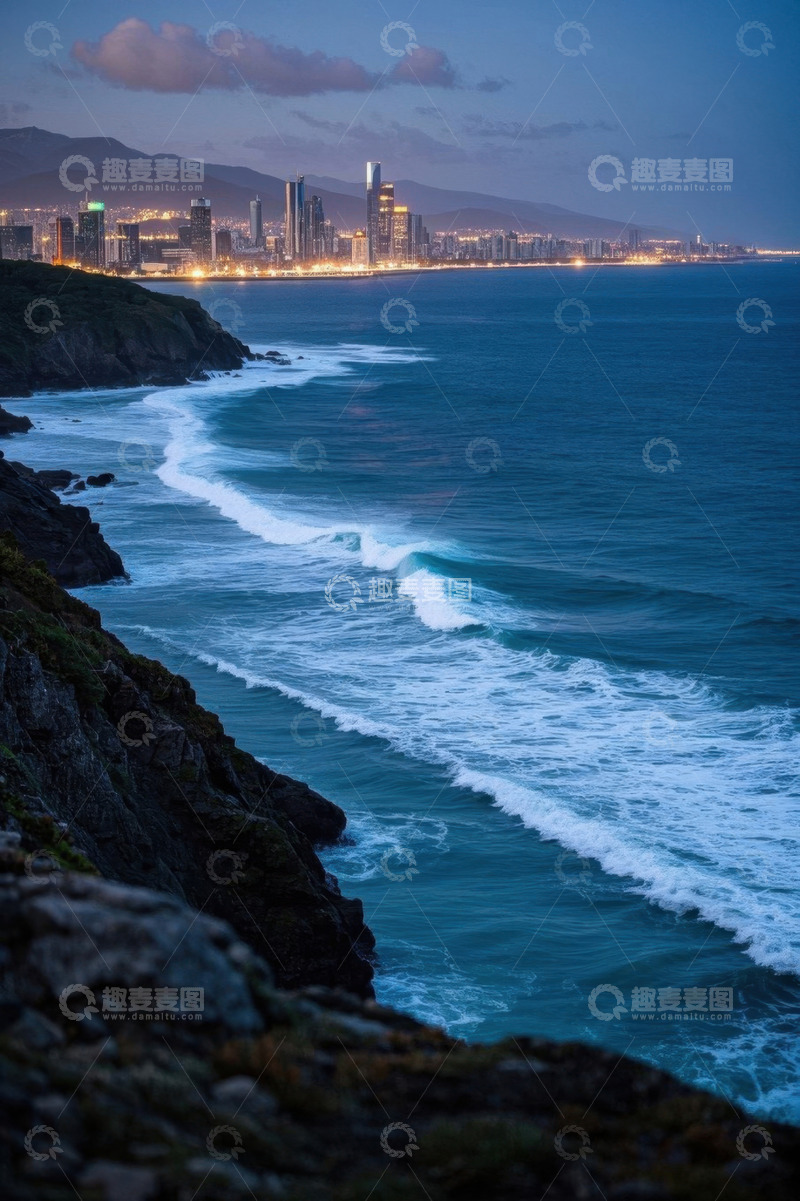 高清大图下载【趣麦麦图】海岸边城市夜景远眺