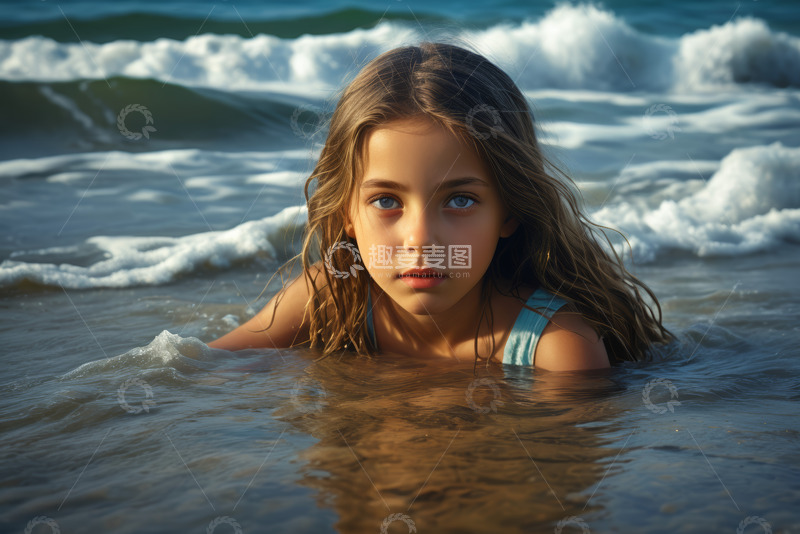 高清大图下载【趣麦麦图】海边戏水的年轻女孩