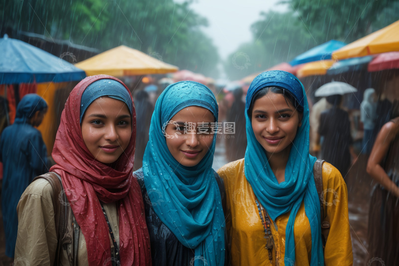 高清大图下载【趣麦麦图】雨中戴头巾的三位女性
