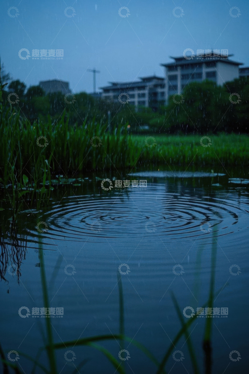 高清大图下载【趣麦麦图】雨中池塘与中式建筑景观