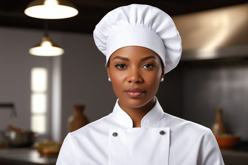 女厨师身着制服站在厨房