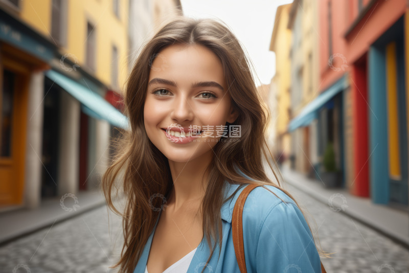高清大图下载【趣麦麦图】户外街道微笑的年轻女子