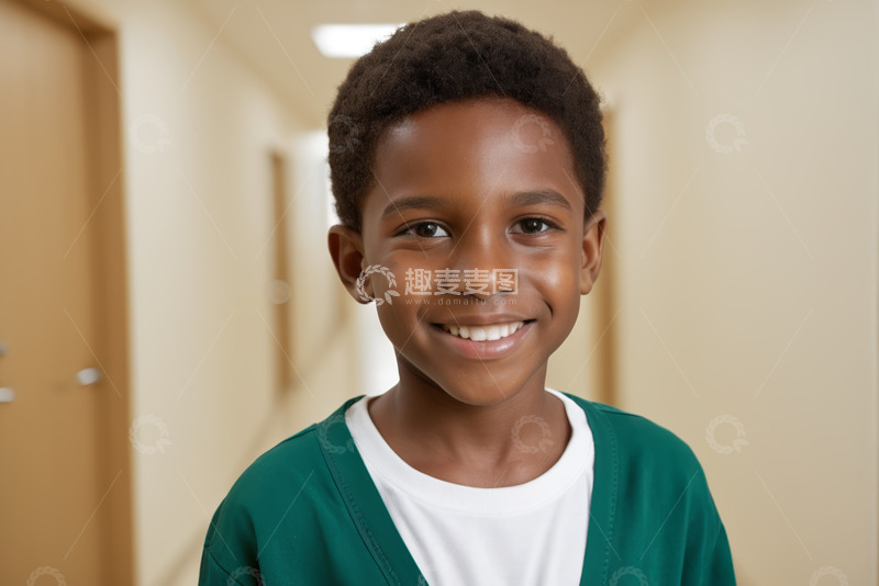 高清大图下载【趣麦麦图】走廊中微笑的非洲裔小男孩
