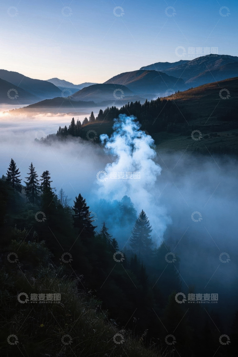 高清大图下载【趣麦麦图】山林间晨雾弥漫的自然景观