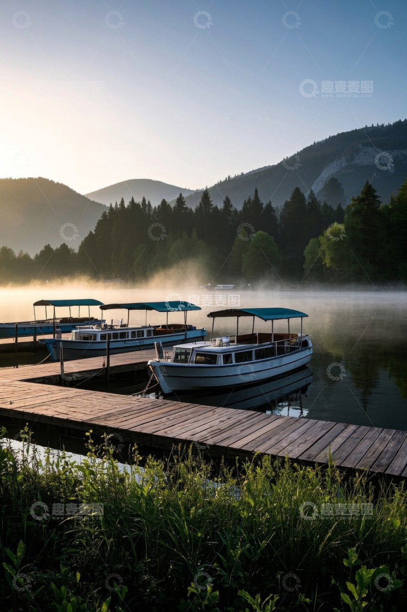 高清大图下载【趣麦麦图】湖边码头停泊的船只与山林景观