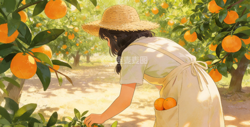 高清大图下载【趣麦麦图】田园风摘橘子插画