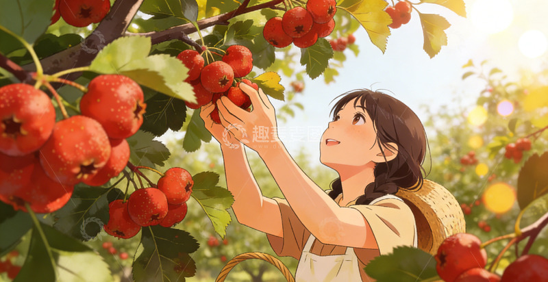 高清大图下载【趣麦麦图】田园风山楂包装采摘插画