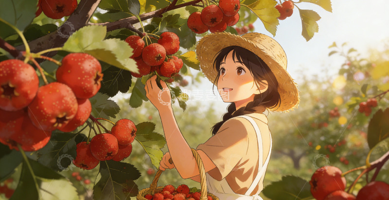 高清大图下载【趣麦麦图】田园风山楂采摘插画