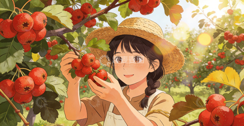 高清大图下载【趣麦麦图】田园风采摘山楂插画设计素材