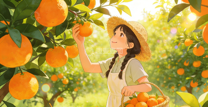 高清大图下载【趣麦麦图】卡通果园采摘橘子插画