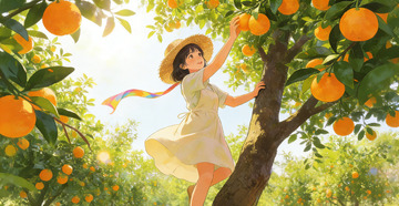 田园风少女摘橘子插画