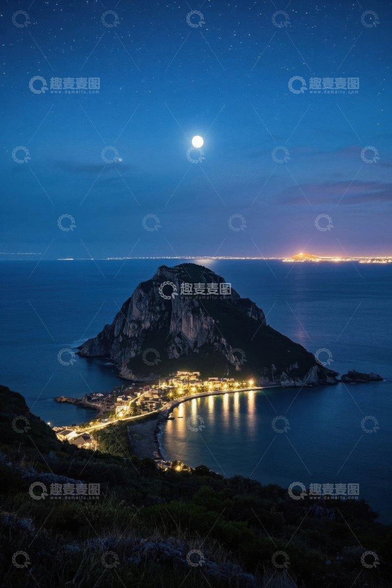 高清大图下载【趣麦麦图】月夜下海边岛屿与沿岸灯光景观
