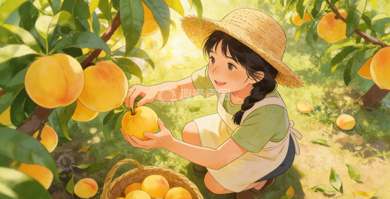 高清大图下载【趣麦麦图】田园风少女摘桃包装插画设计素材