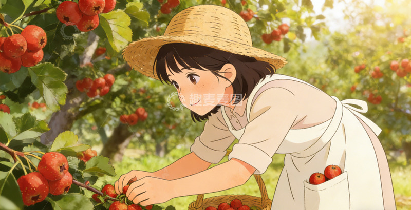 高清大图下载【趣麦麦图】田园风采摘山楂女孩插画