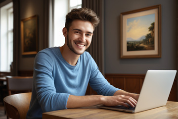 年轻男子使用笔记本电脑微笑