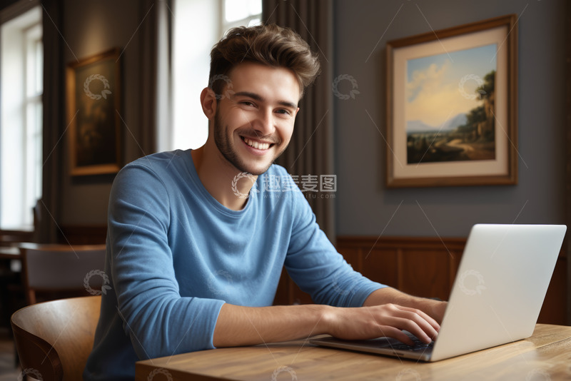 高清大图下载【趣麦麦图】年轻男子使用笔记本电脑微笑