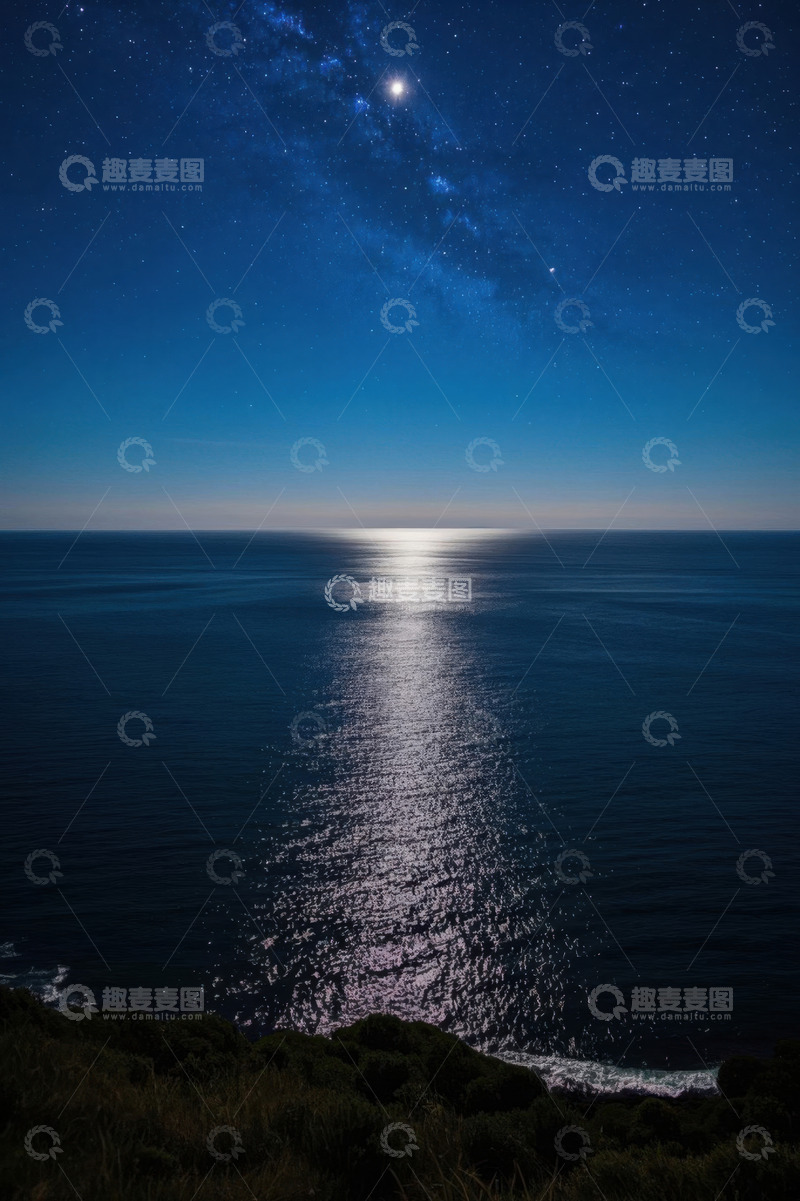 高清大图下载【趣麦麦图】月夜下海面与星空景观