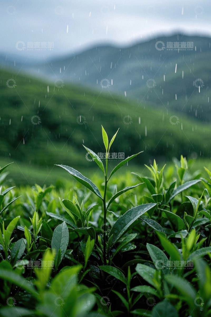 高清大图下载【趣麦麦图】雨中茶园近景