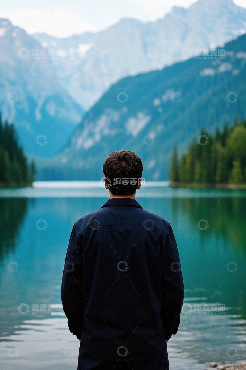 高清大图下载【趣麦麦图】男子湖畔眺望远处山峦