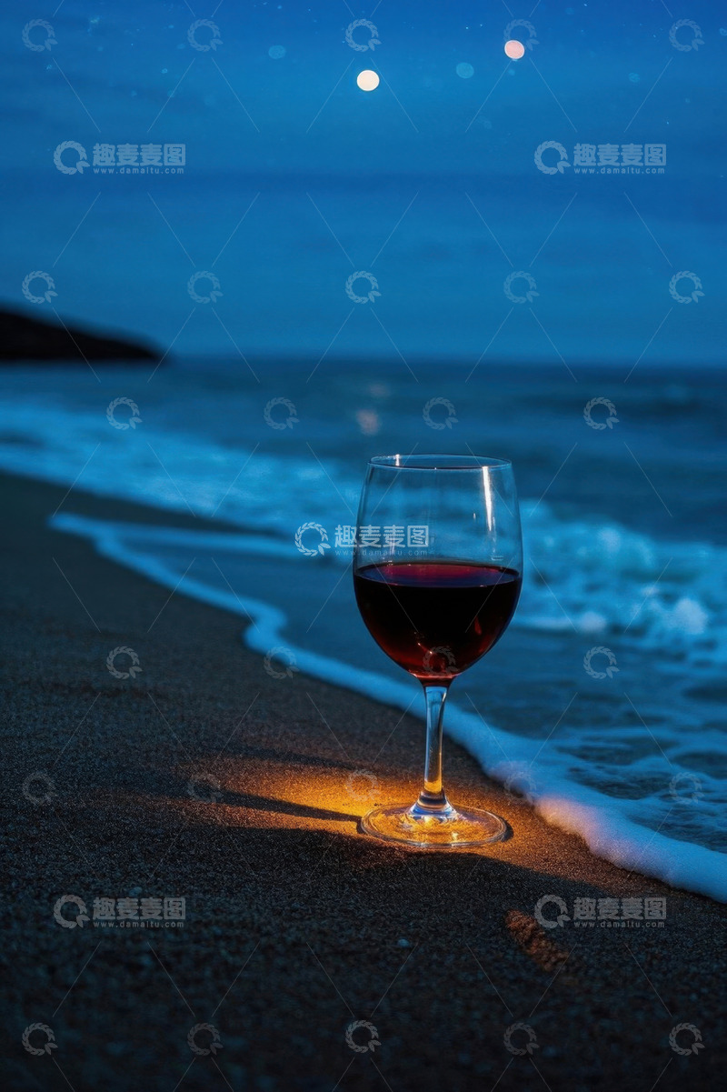 高清大图下载【趣麦麦图】海滩上的葡萄酒杯夜景