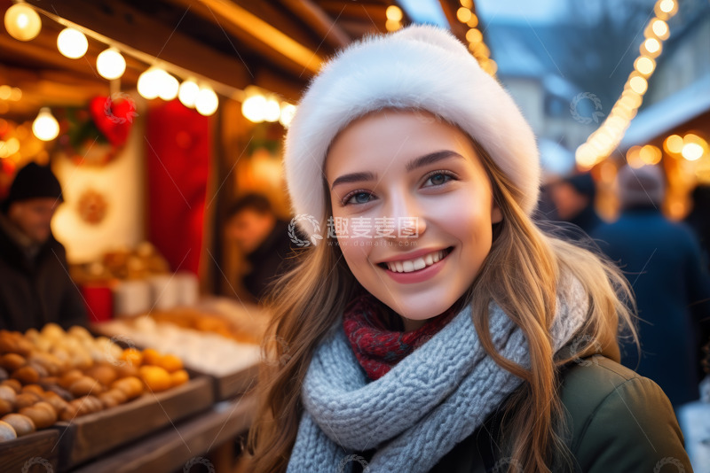高清大图下载【趣麦麦图】冬日集市微笑的女子
