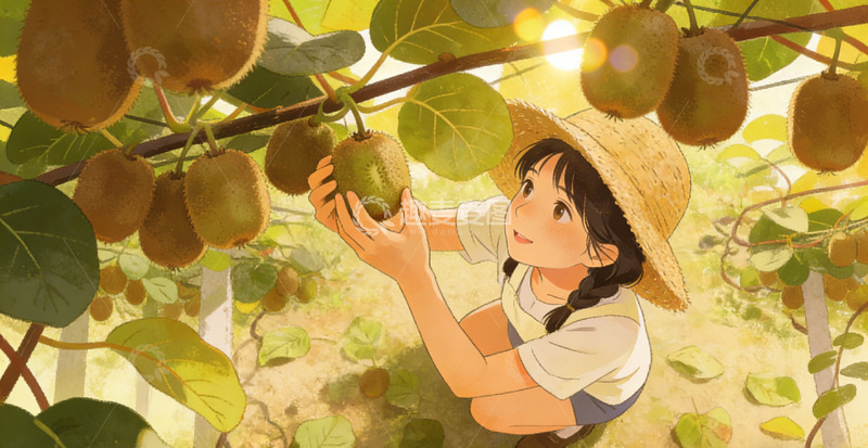 高清大图下载【趣麦麦图】田园风少女采摘猕猴桃包装插画