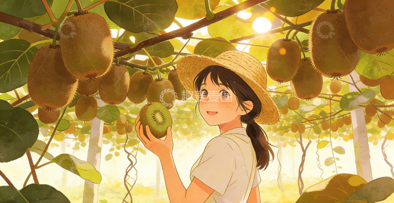 高清大图下载【趣麦麦图】田园风少女摘猕猴桃插画