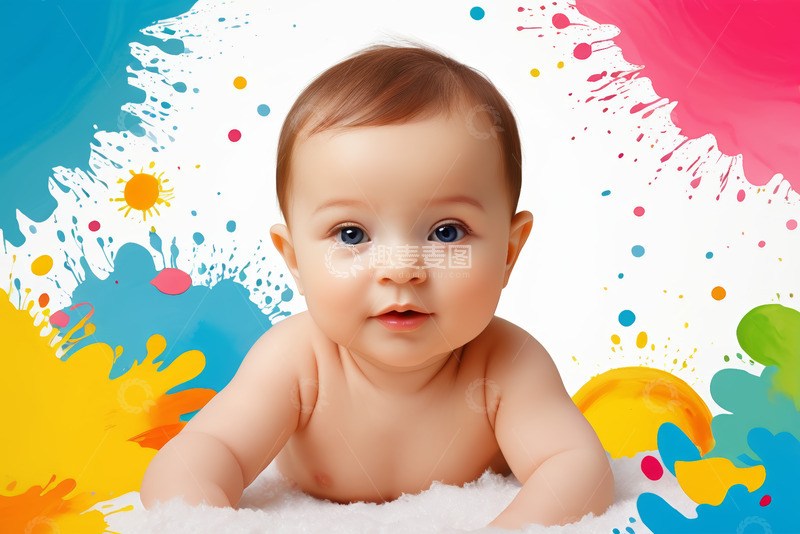 高清大图下载【趣麦麦图】趴着的可爱婴儿彩色背景画面