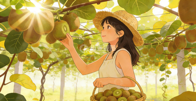 高清大图下载【趣麦麦图】田园风女孩摘猕猴桃插画