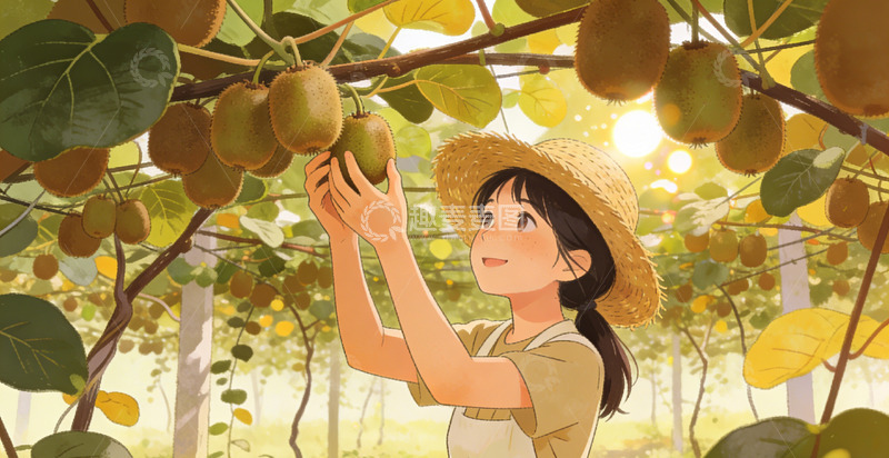 高清大图下载【趣麦麦图】田园风少女摘猕猴桃插画素材