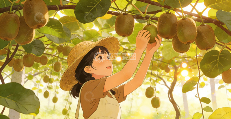 高清大图下载【趣麦麦图】田园风女孩摘果插画